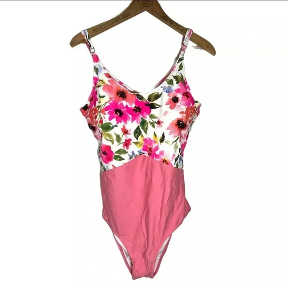 New CORAL REEF The Sailor Bathing Suit Size Large Pink Floral One Piece - Picture 2 of 11